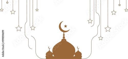 Mosque silhouette centered below hanging stars creates a serene composition for spiritual and religious design projects.