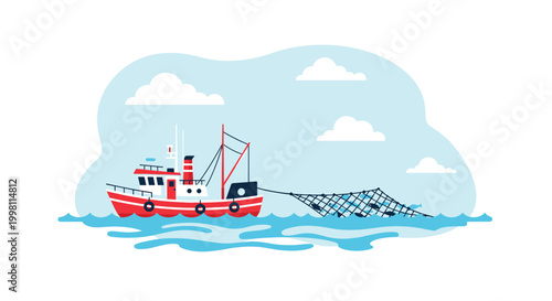 A red and white commercial fishing boat sails across blue water while dragging a large, heavy net filled with a catch of fish behind it.