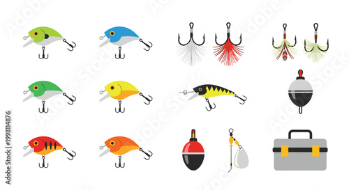 A diverse collection of colorful artificial fishing lures, sharp treble hooks, floating bobbers, and a sturdy gray tackle box are organized on a clean white background.