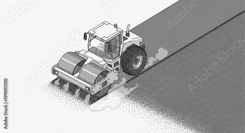 Road Roller Compacting Asphalt on Construction Site.