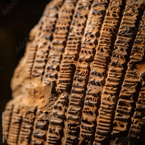 Close-up of ancient cuneiform inscriptions carved on clay tablet. AI-generated.