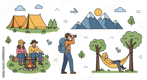 A flat vector illustration depicts diverse camping activities including a campfire with two people, a hiker using binoculars, and a person resting in a hammock outdoors.