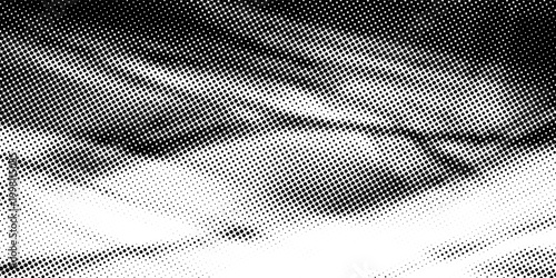 Dotted halftone texture background. Black and white pop art gradient overlay. Fading grunge gritty noise wallpaper. Weathered pixelated comic backdrop. Vector bitmap subtle vanishing surface