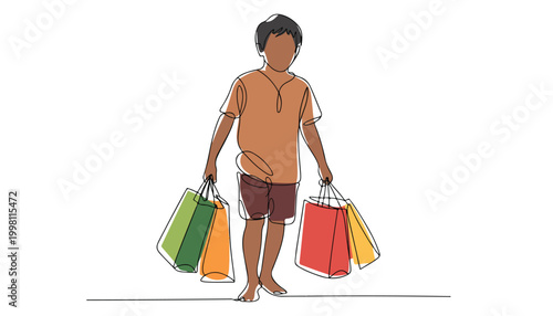 One continuous line illustration of an man with shopping bag , isolated on white background.