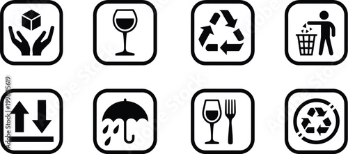 Packaging Symbols Icon Set Featuring Cargo and Handling Icons, Caution Signs Like This Side Up, Handle with Care, Fragile, Keep Dry, Flammable, Shipping and Logistics Vector Collection