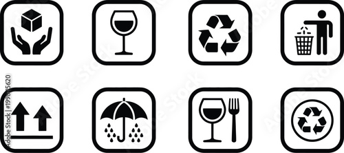 Packaging Symbols Icon Set Featuring Cargo and Handling Icons, Caution Signs Like This Side Up, Handle with Care, Fragile, Keep Dry, Flammable, Shipping and Logistics Vector Collection