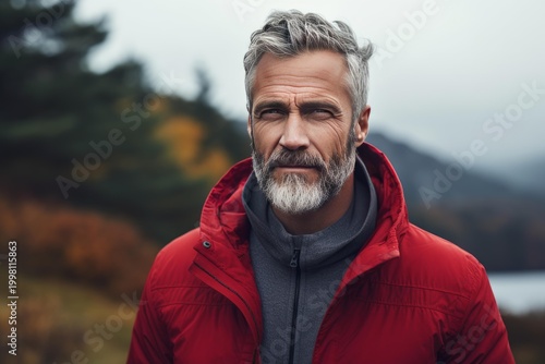 Mature man with gray hair and beard dressed in red outdoor jacket looking serious