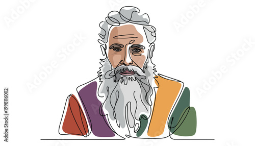 One continuous line illustration of an old bearded man , isolated on white background.