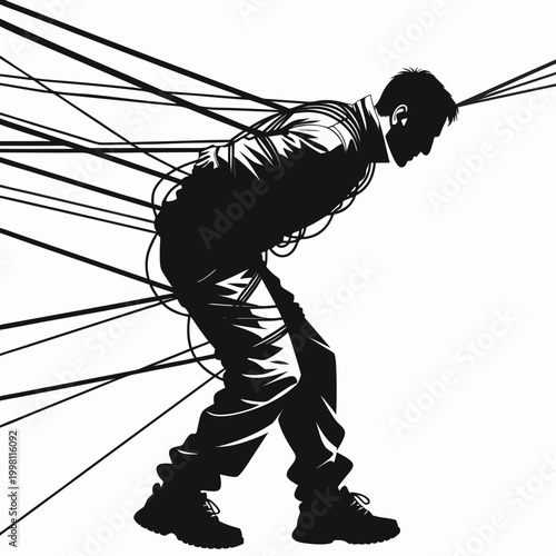 Stressed businessman tied with ropes and strings. Overwhelmed man trapped by corporate bureaucracy. Silhouette of person struggling with heavy burden and mental pressure.