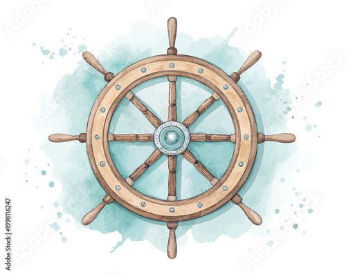 Watercolor Ship Wheel Icon, Nautical Steering Clipart, vector illustration Isolated on White background