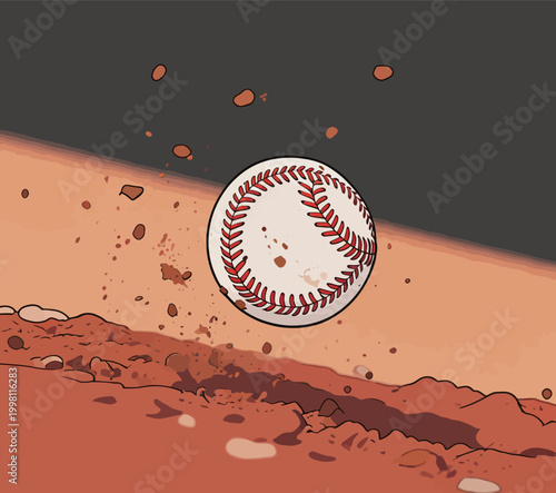 Baseball hitting reddish soil and kicking up dust particles