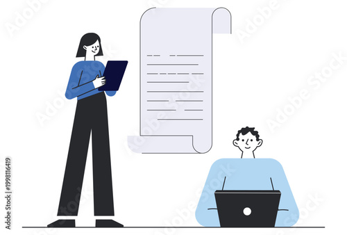 Team of workers reviewing a long list of tasks and digital data on a laptop and portable tablet device.