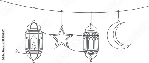 Lanterns and crescent moon ornaments hang from a thin string in this minimalist line art illustration for cultural celebrations.