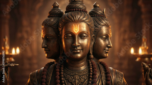 Shri Dattatreya cinematic close up portrait illustration, three faces with tilak, glowing diyas, serene expressions, temple lighting, spiritual Hindu artwork