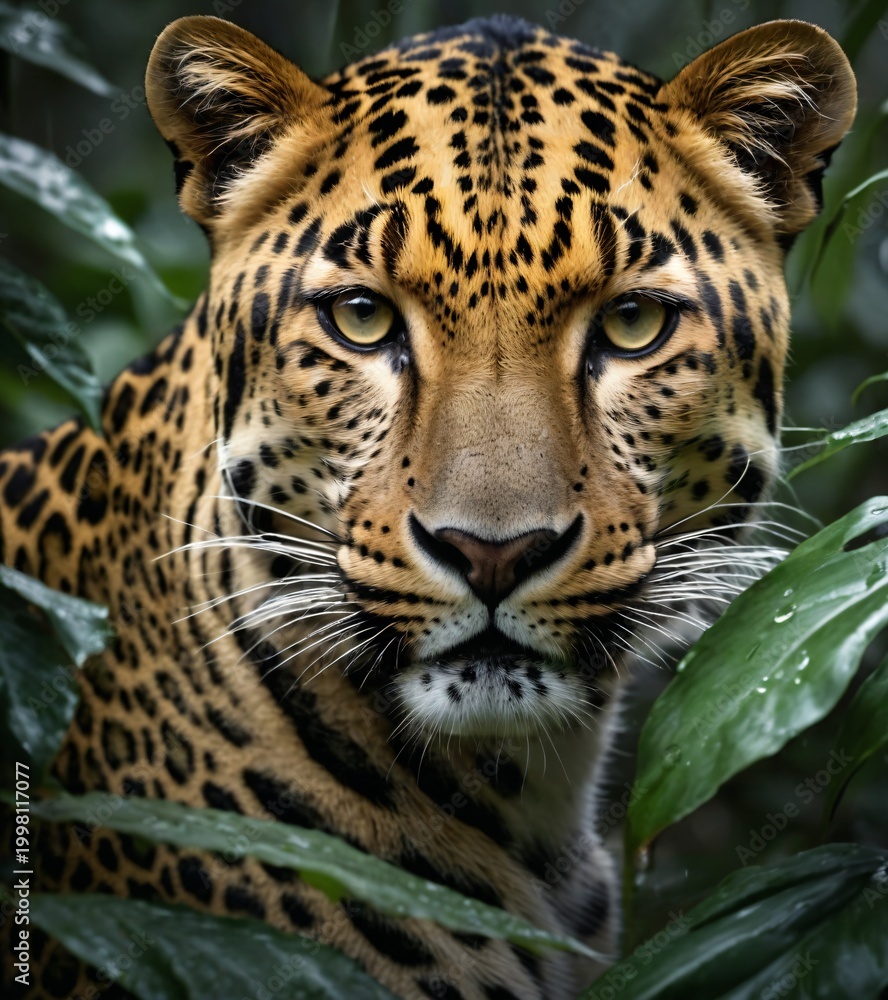 Fototapeta premium Realistic cinematic portrait of a majestic tiger camouflaged behind lush green jungle leaves, intense gaze, stalking in a dense tropical forest, high detail.