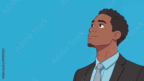 Stylish cartoon Black businessman looking up thoughtfully