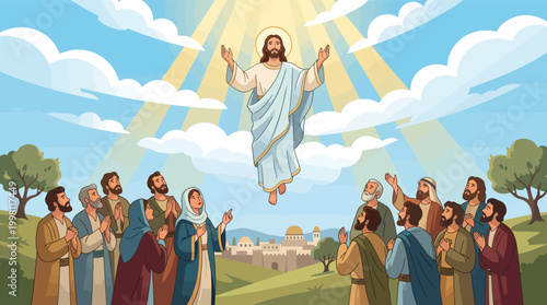 Ascension Day Jesus Christ with Disciples Blue Background