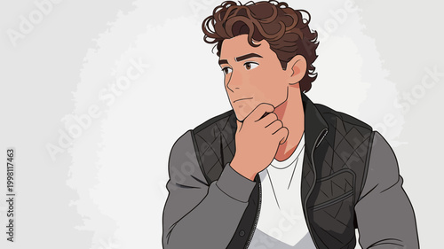 Young man in casual outfit thinking with hand on chin