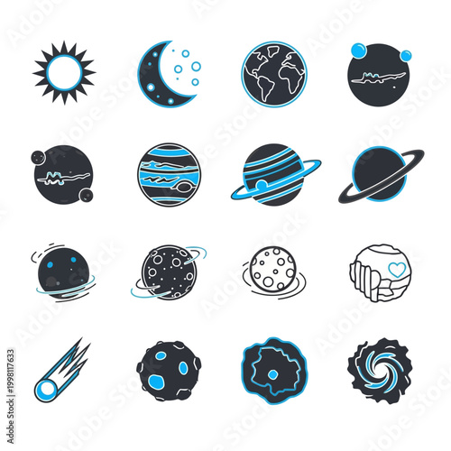 Hand-drawn space vector icons depicting celestial bodies like planets, sun, moon, comet, and asteroids in a doodle style for science education.