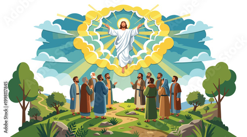 Jesus Ascending to Heaven with Group of Disciples