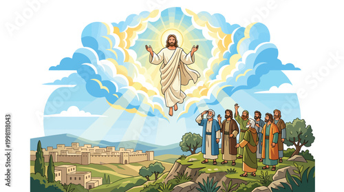 Jesus Ascending to Heaven with Disciples Praying Below