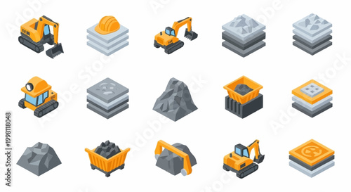 Set of isometric icons representing construction, mining, and industrial elements with excavators, trucks, and materials.