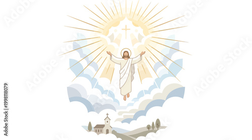 Ascension of Christ with Radiant Sun Rays and Clouds