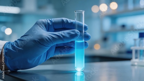Gloved hand holding test tube with blue liquid