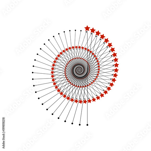 Modern abstract spiral pattern featuring red stars and black radial lines, forming a dynamic and mesmerizing geometric design.
