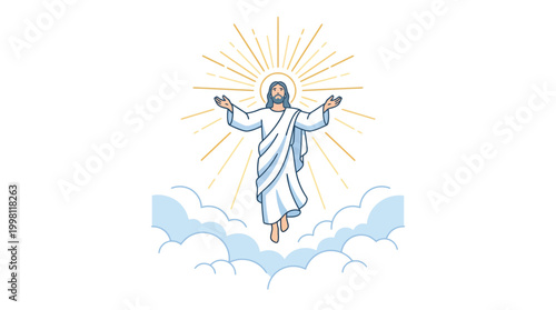 Ascension of Jesus Christ in White Robe with Clouds