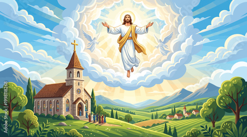 Jesus Christ Ascension with Church Landscape and Light
