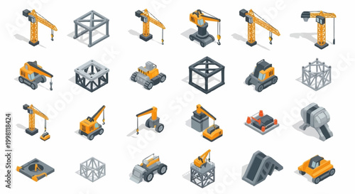 Collection of isometric construction equipment and building elements, including cranes, excavators, and structural components.