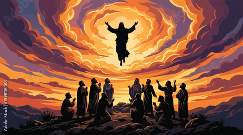 Christ Ascension Silhouette with Orange Sky and People
