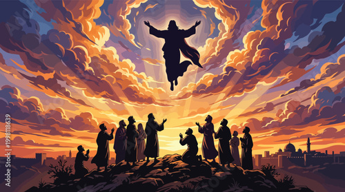 Silhouette of Jesus Ascension with Sunset Sky and Crowd