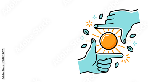 Hands framing a bright sun with leaves and sparkles, abstract concept of focus and creativity, flat design vector illustration, vibrant colors