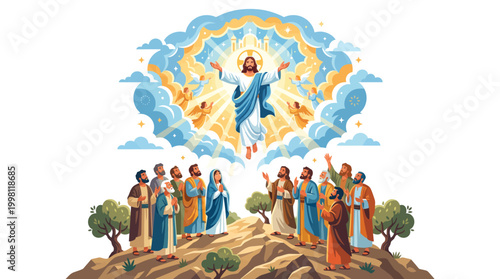 Jesus Ascending to Heaven with Disciples Praying Below