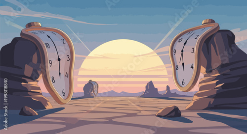 Desert landscape with camel at sunset among sand dunes and mountains in warm orange sky