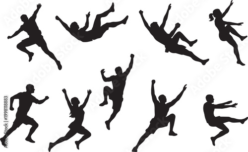 Black vector silhouettes set of people in action featuring a woman dancing ballet and a boy jumping for sport fitness and fun illustration