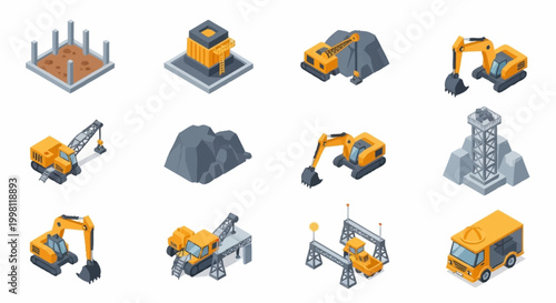 Isometric construction equipment and elements collection, including excavators, cranes, trucks, and building materials.