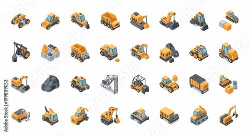 Collection of isometric construction vehicles and equipment, isolated on a white background.