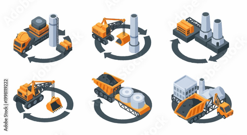 Isometric illustration of the coal mining process, showing extraction, transport, and processing.