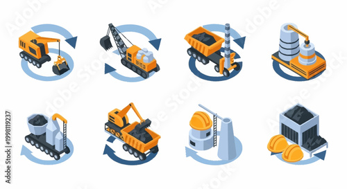Isometric icons representing the coal mining and processing industry, showing excavators, trucks, and processing plants.