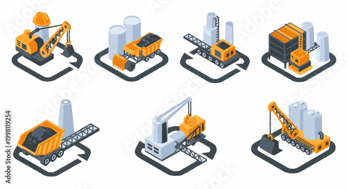 Set of isometric icons representing industrial processes, including mining, construction, and manufacturing with heavy machinery and factories.