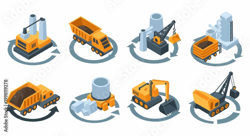 Isometric industrial machinery and vehicles used in construction and mining operations.