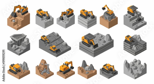 Isometric construction excavators and diggers working on various terrain types, including soil, rocks, and gravel.