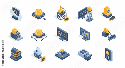 Isometric icons representing industrial machinery, construction equipment, and technology elements.