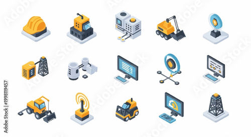 Collection of Isometric Icons Representing Industrial Technology and Machinery.