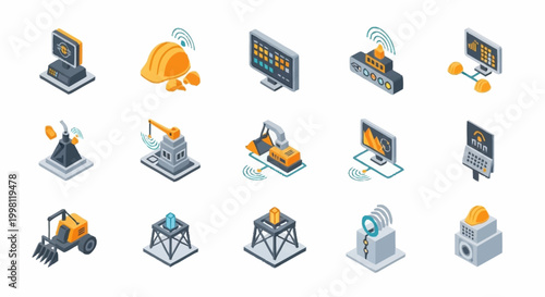 Collection of isometric icons representing industrial technology and automation, including computers, machinery, and sensors.