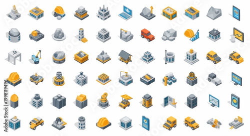 Collection of isometric icons representing various buildings, structures, and vehicles for graphic design.