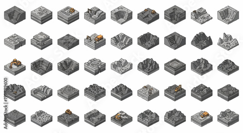 Collection of isometric pixel art terrain tiles for game development, featuring various landscapes and elevations.